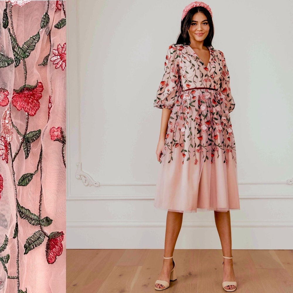 JessaKae Embroidered Holly Dress Blush Pink Tulle Floral 3/4 Sleeve V-Neck Lined - Picture 8 of 13